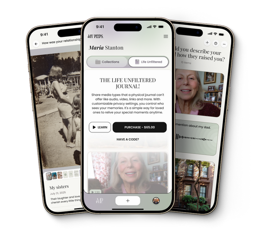 Three smartphone screens displaying The Life Unfiltered Journal hosted on the My Peeps App